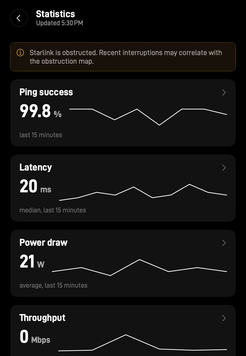 StarBar statistics view showing Starlink latency, ping success, and throughput